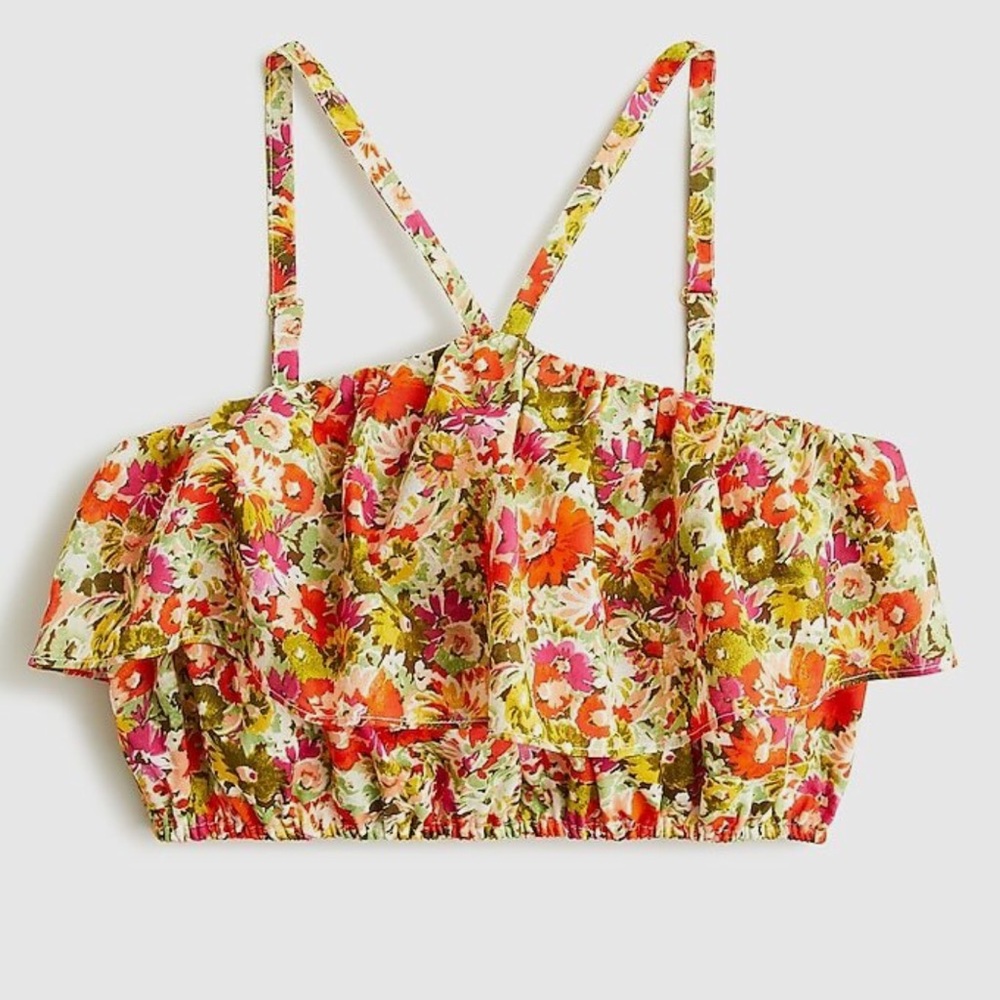 J Crew NWT Floral Ruffle Halter Crop Top - Pink, Orange, Green